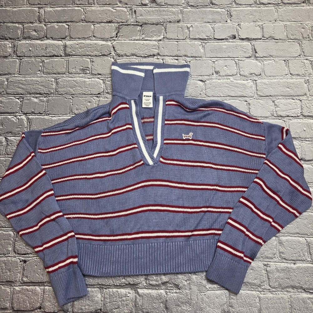 PINK Victoria's Secret Cambridge Knit Polo Sweater Blue Red Striped Collar XS